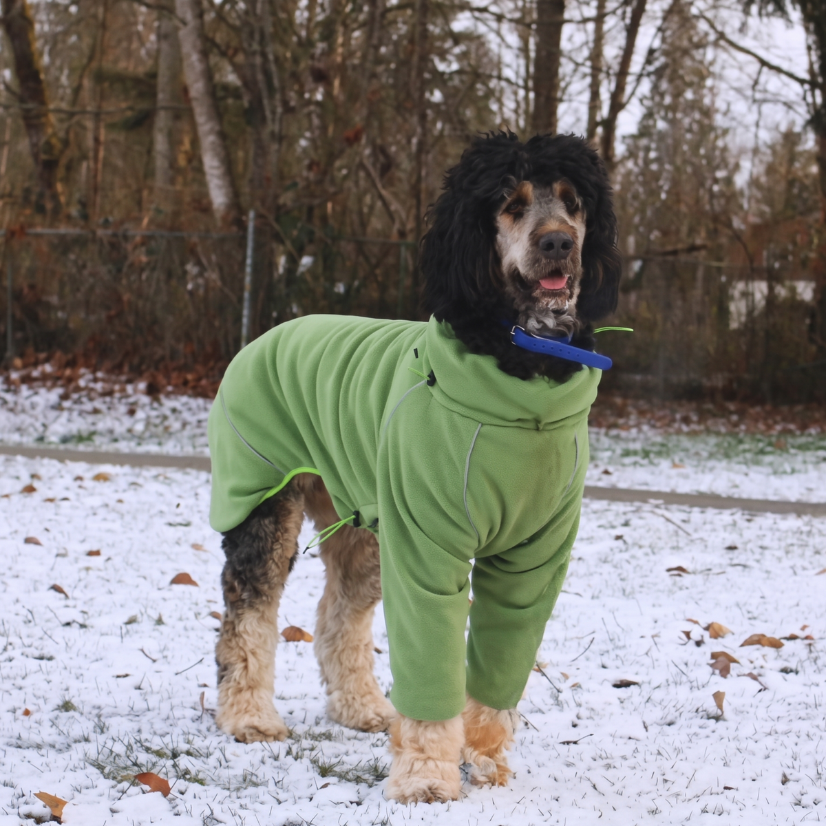 Dog in the Weald Cozy Hugger fleece jacket standing in light snow