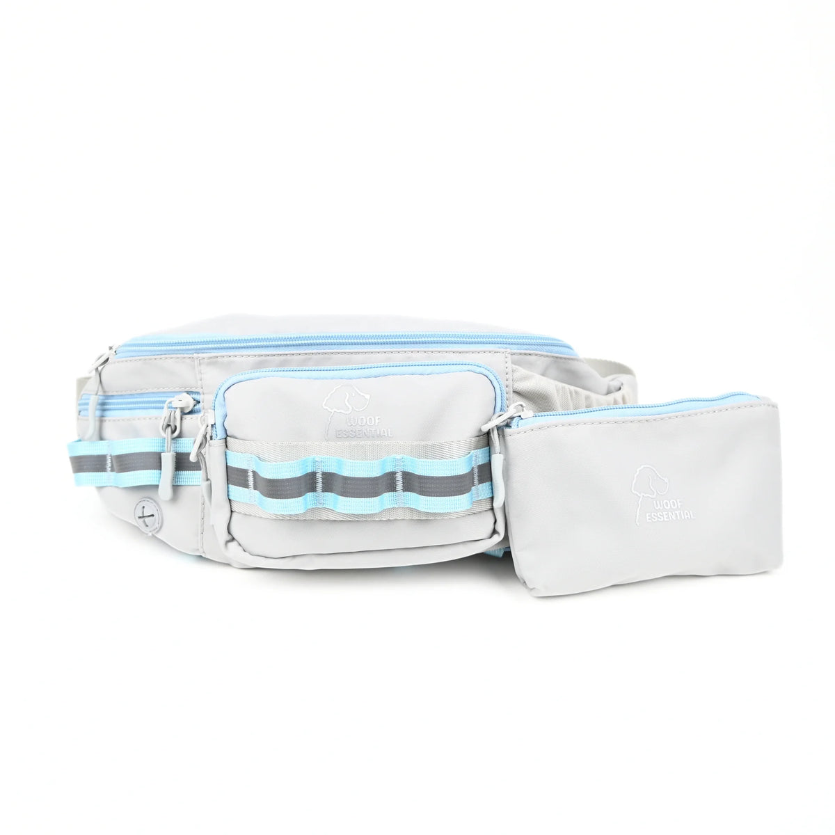 Grey dog walking bag shown with its removable treat pouch