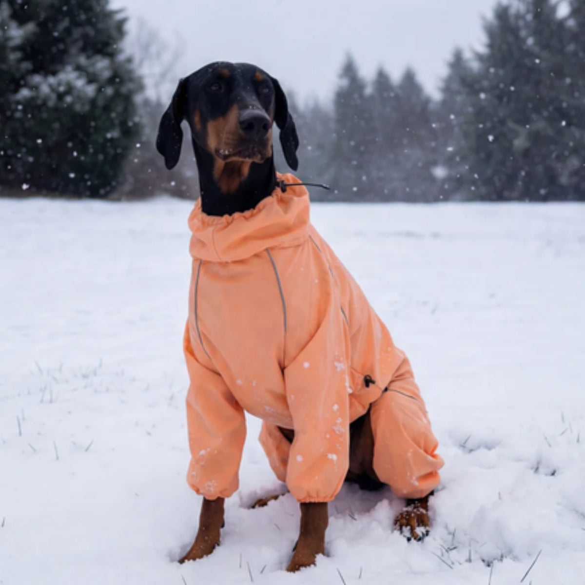 Doberman sitting in falling snow in the Sunset orange Snow Warrior dog snowsuit