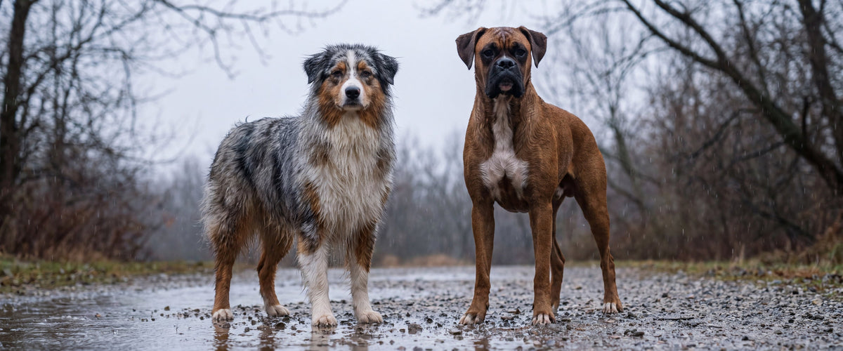 An Australian Shepherd with a thick wet double coat standing beside a short-coated Boxer on a cold rainy trail
