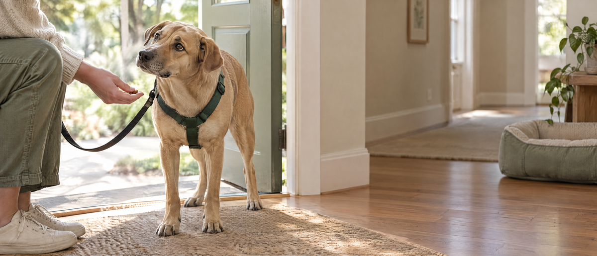 A shy tan rescue dog in a green harness stands inside a sunlit front door while its new owner crouches and offers a treat