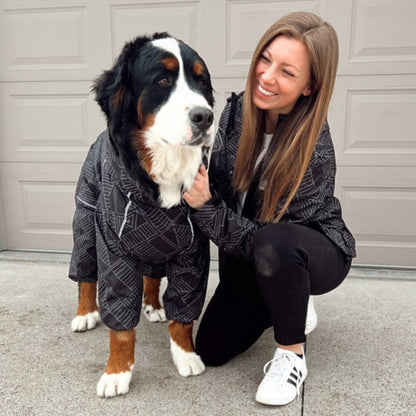 Owner and Bernese mountain dog in matching Eclipse raincoats 