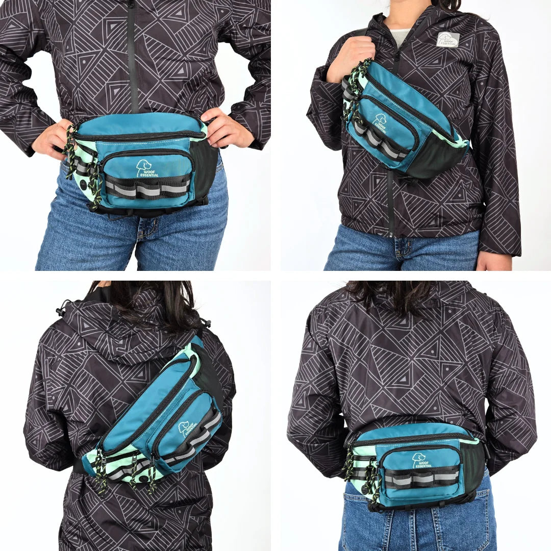 Four ways to wear the dog walking bag, waist pack and crossbody, front and back