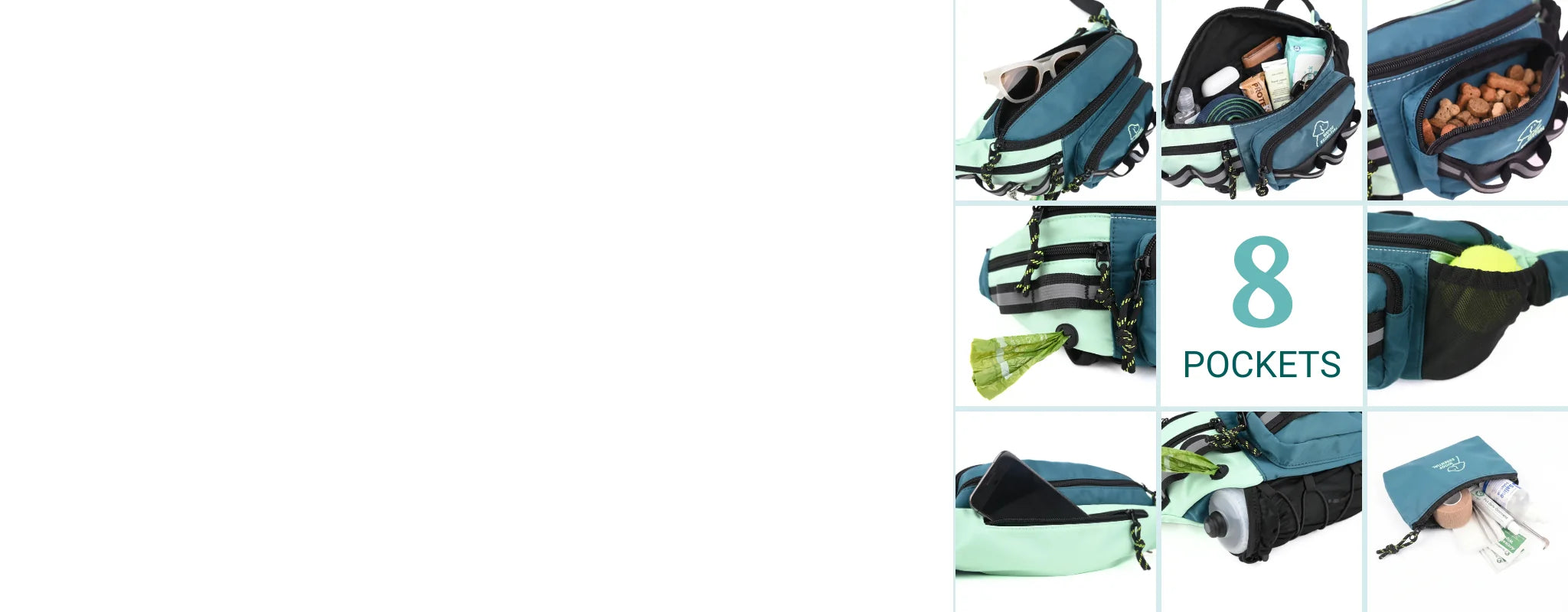 8-pocket dog walking bag organization grid showing treat, phone, water bottle and poop bag pockets