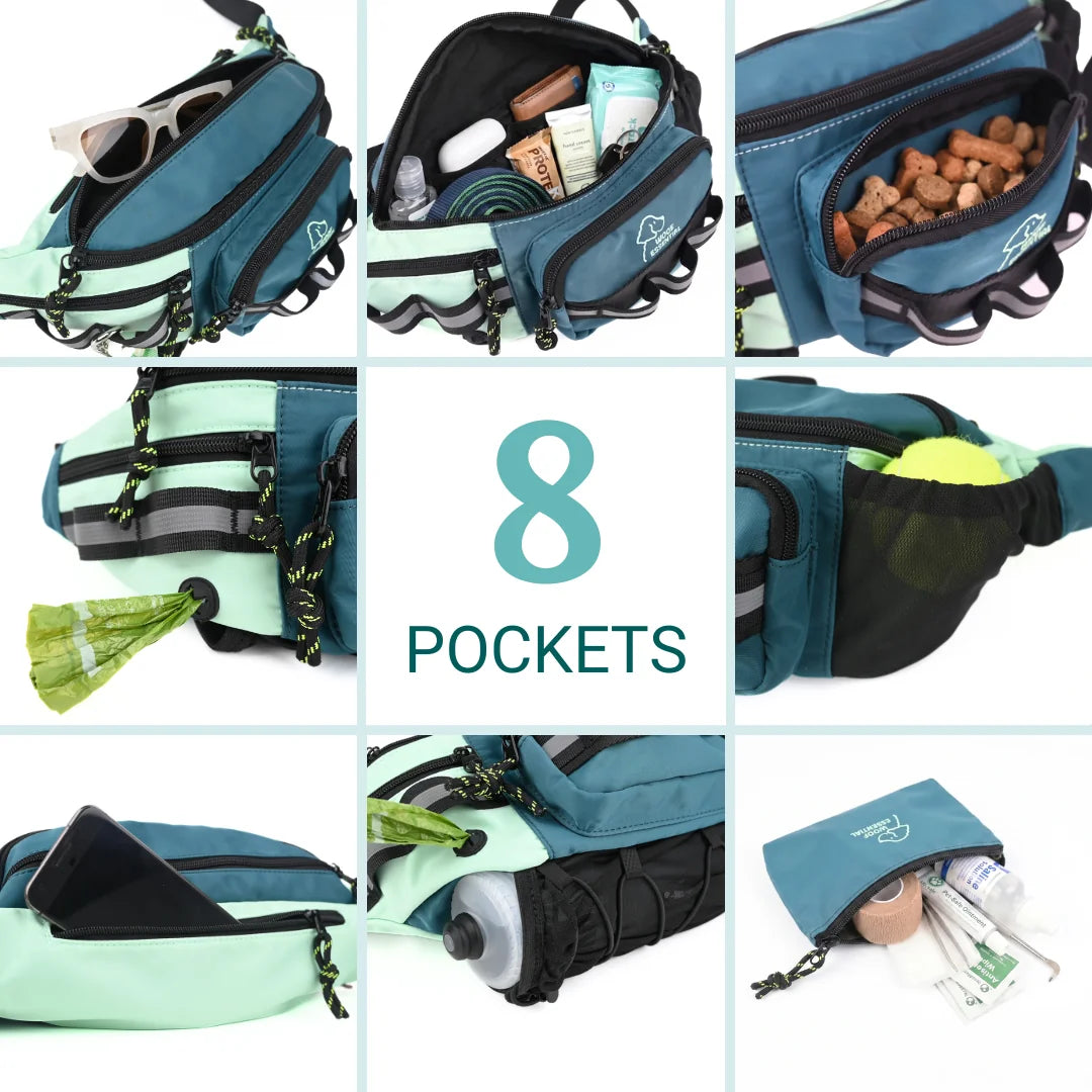 8-pocket dog walking bag organization grid showing treat, phone, water bottle and poop bag pockets
