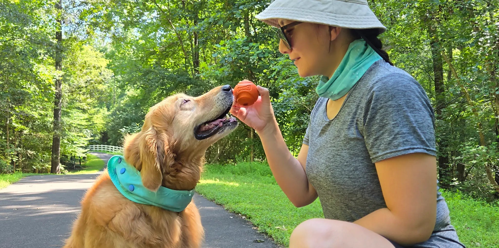 A golden retriever in a mint cooling neck gaiter on a shaded trail, their owner wearing a matching one