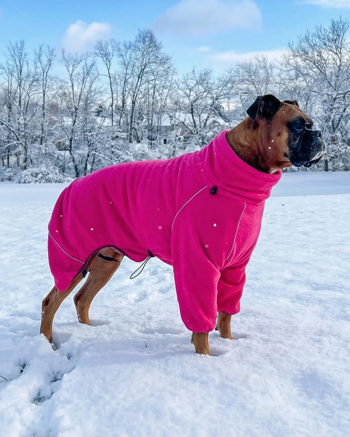 A large dog in a pink full-body dog snowsuit standing in deep snow