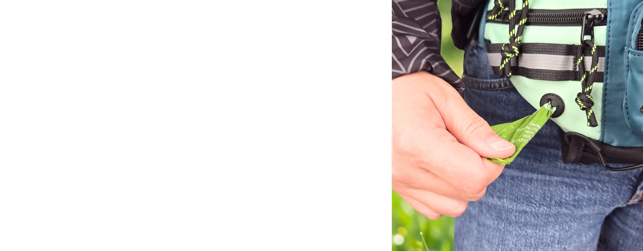 One-hand poop bag dispenser built into dog walking fanny pack side pocket