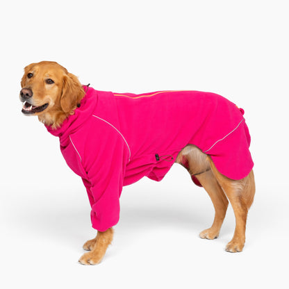 Golden retriever wearing the Cozy Hugger dog fleece jacket in Blossom pink, side view 