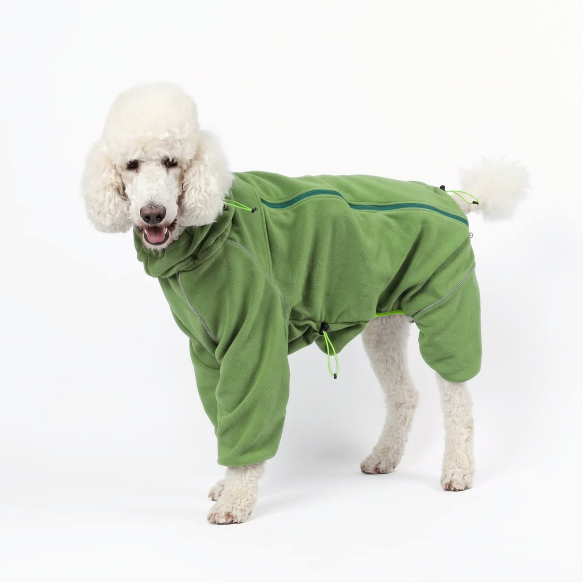 Standard poodle wearing the Cozy Hugger dog fleece jacket in Weald green, side view 