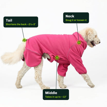 Cozy Hugger fleece jacket adjustment points: drawcords at the neck, middle and tail 