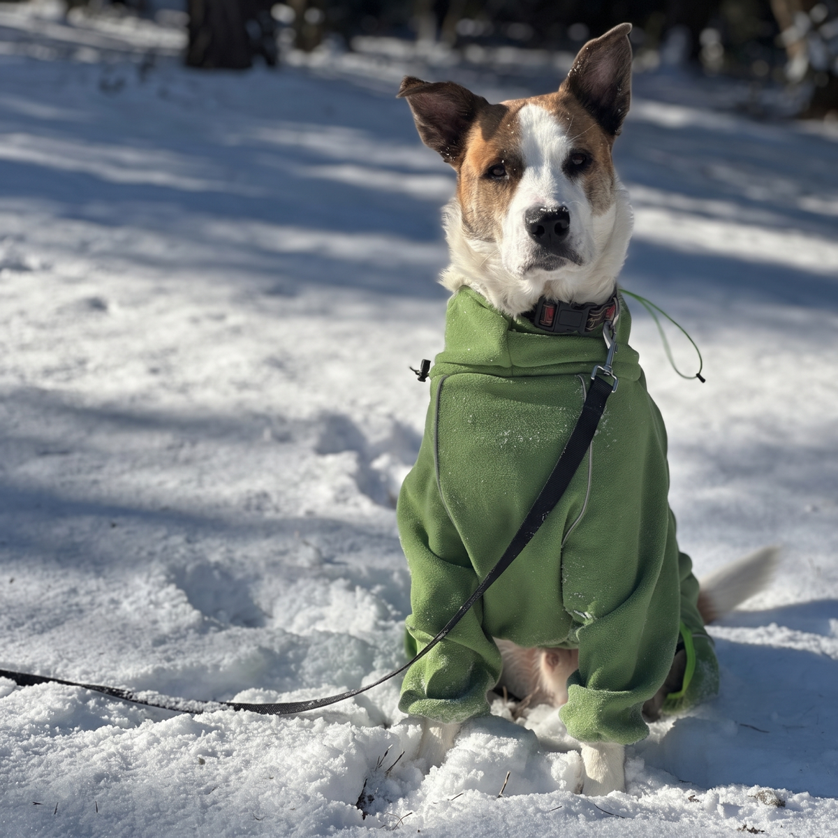 Dog sitting in the snow wearing the Weald Cozy Hugger fleece jacket