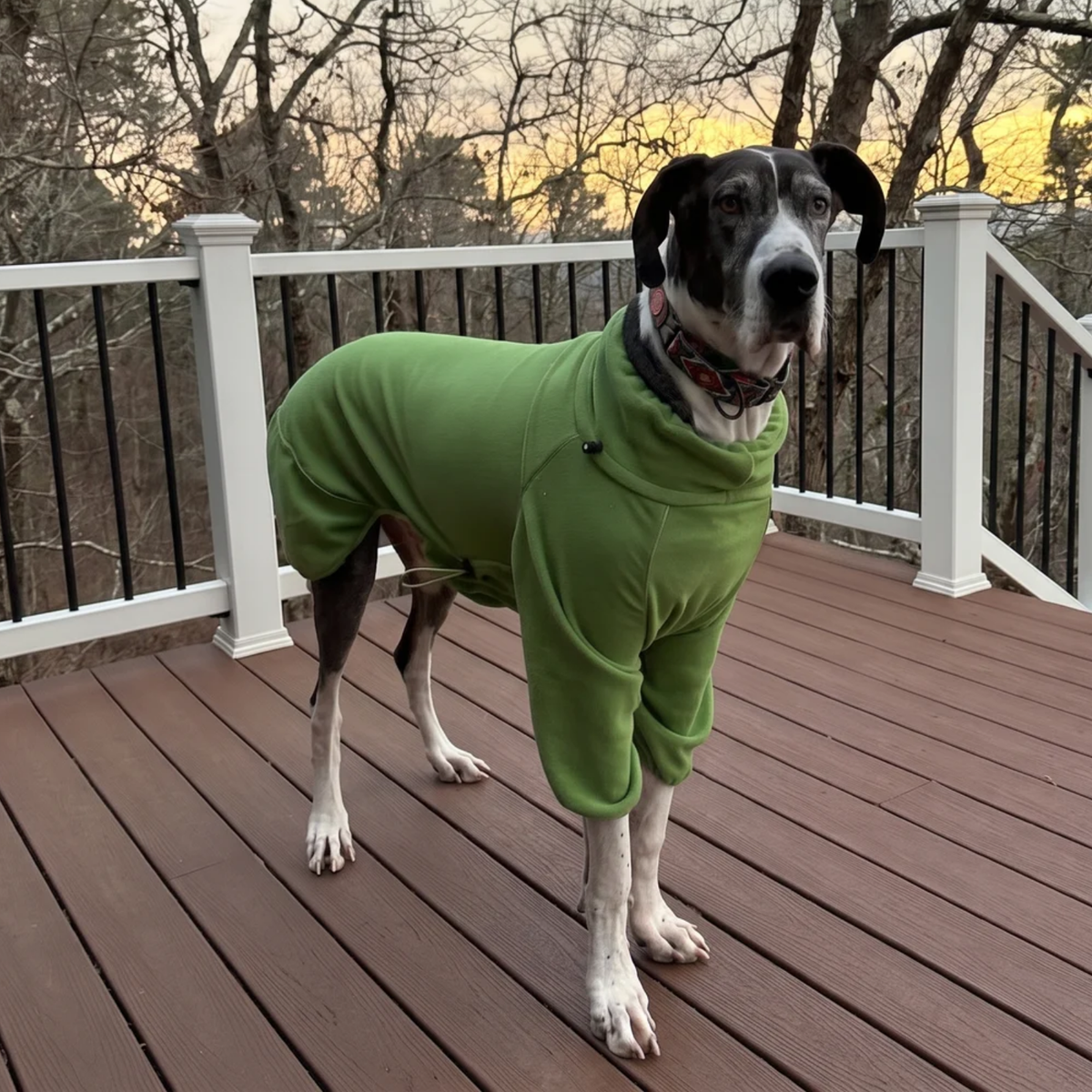 Great Dane wearing the Weald Cozy Hugger fleece jacket on a deck, showing the big-dog fit
