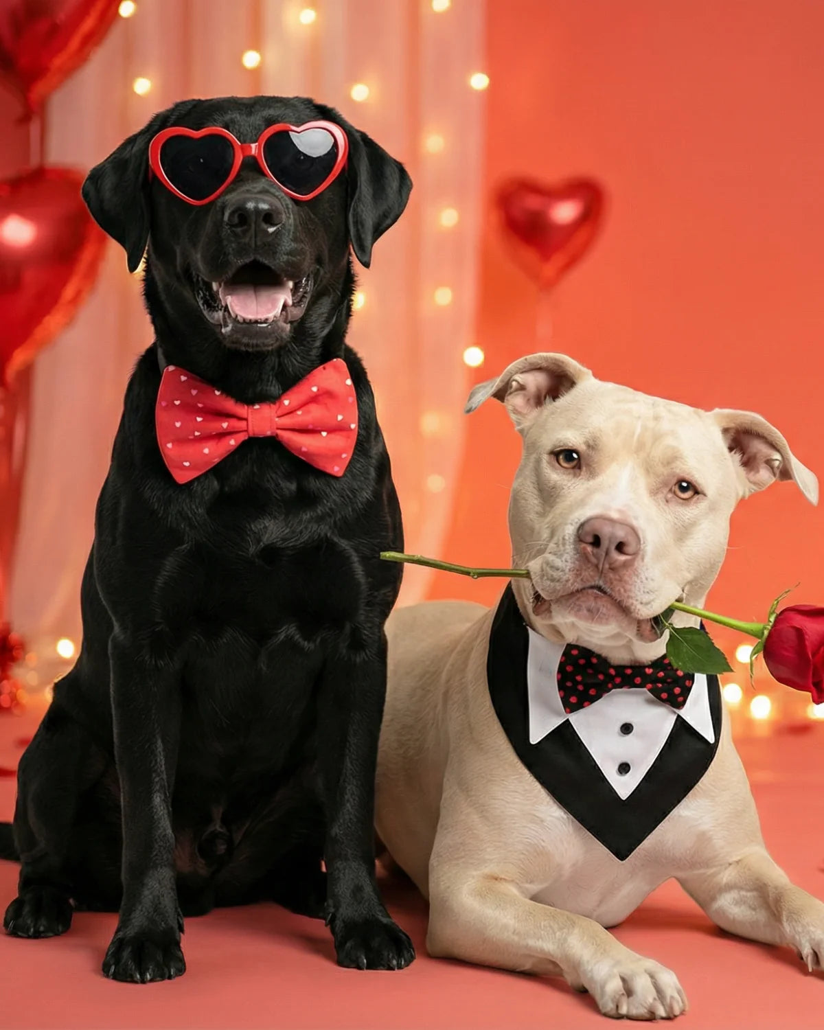 Two dogs dressed up for a special occasion, one in a red bow tie and one in a tuxedo dog bandana