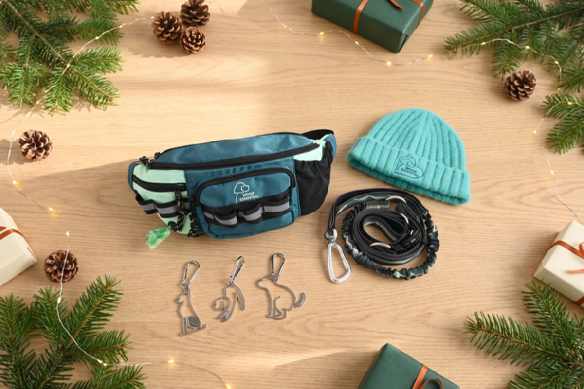 WOOFESSENTIAL hip pack, beanie, bungee leash and Pack'n Carry laid out as gifts