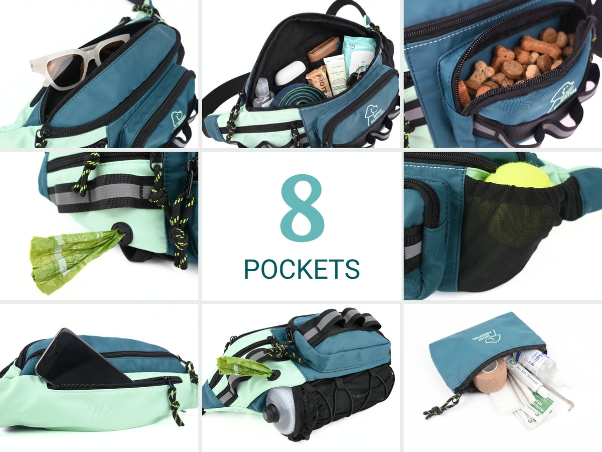 The 8 pockets of the Hip Pack 2.0, each holding treats, phone, keys, poop bags or water