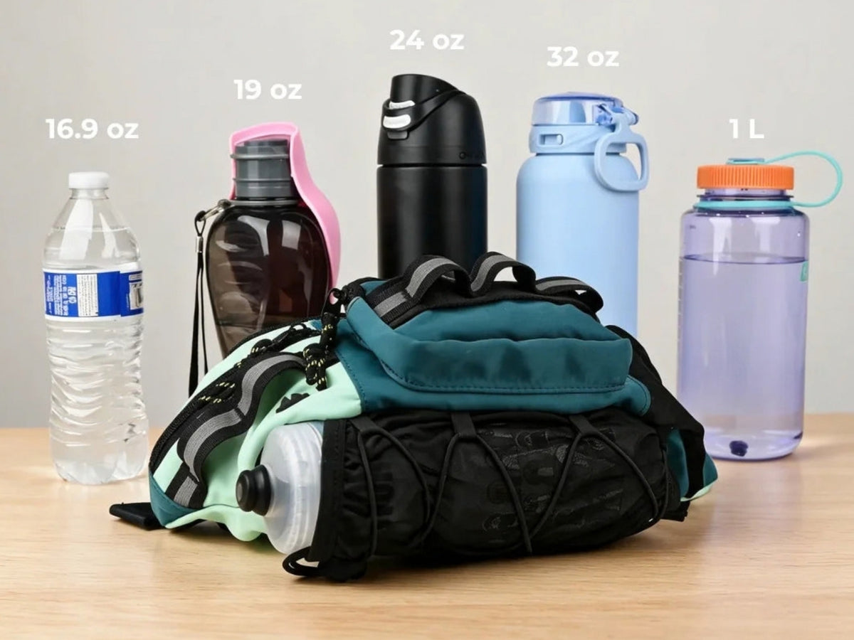 Dog walking bag with a water bottle in the bottom holder, next to bottles from 16.9 oz to 1 L