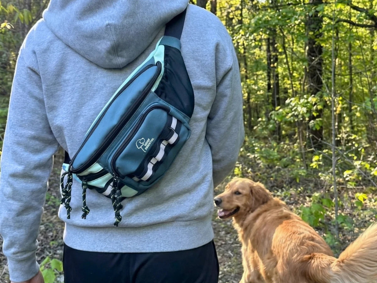 Wearing the Walk'n Wag Hip Pack 2.0 crossbody on a forest walk with a golden retriever