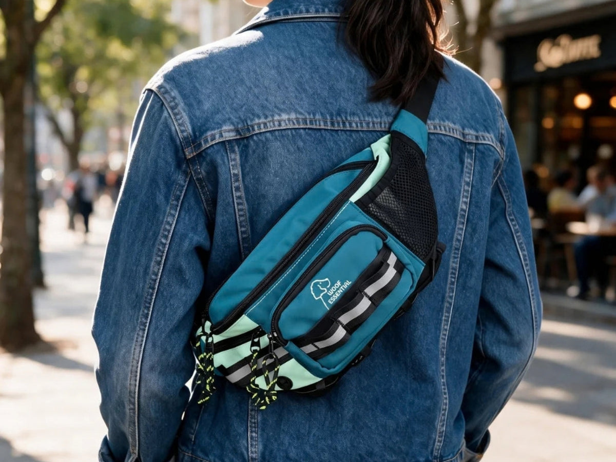 Hip Pack 2.0 worn crossbody on the back over a denim jacket in the city