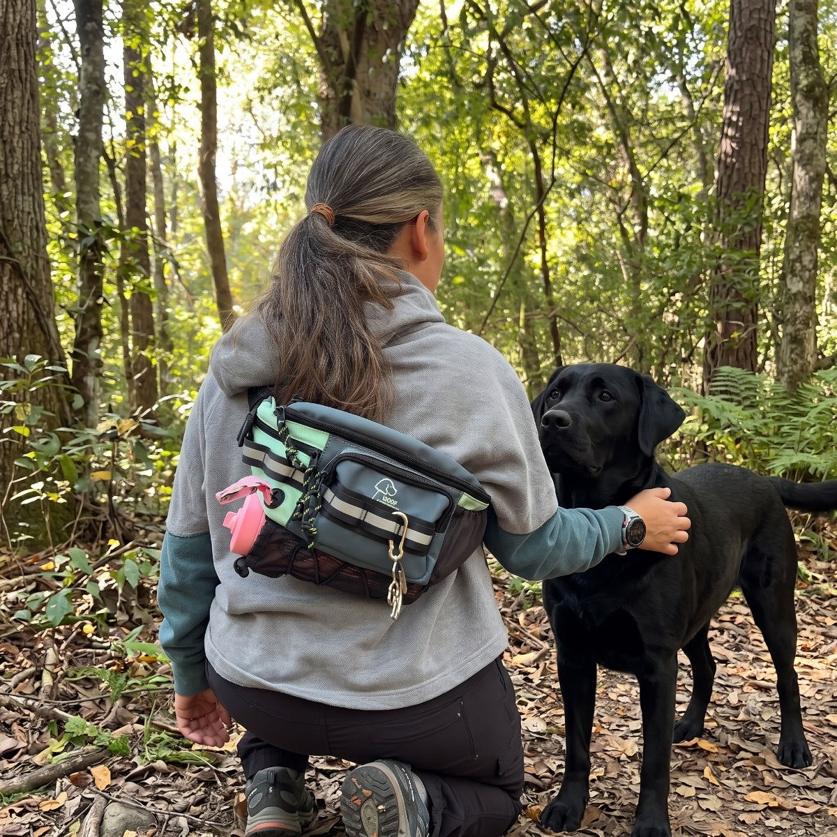 Forest walk with a black lab, Hip Pack 2.0 worn on the back