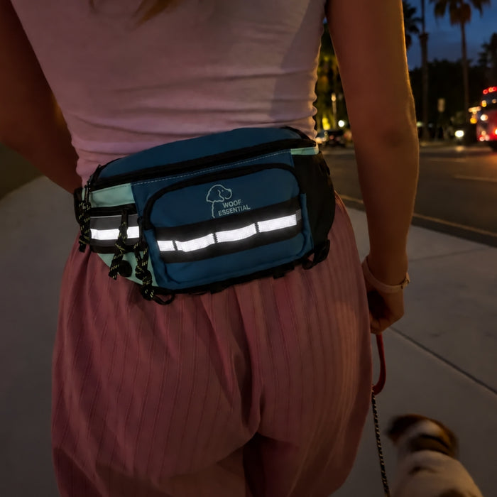 Reflective trim on the hip pack catching light on an evening dog walk