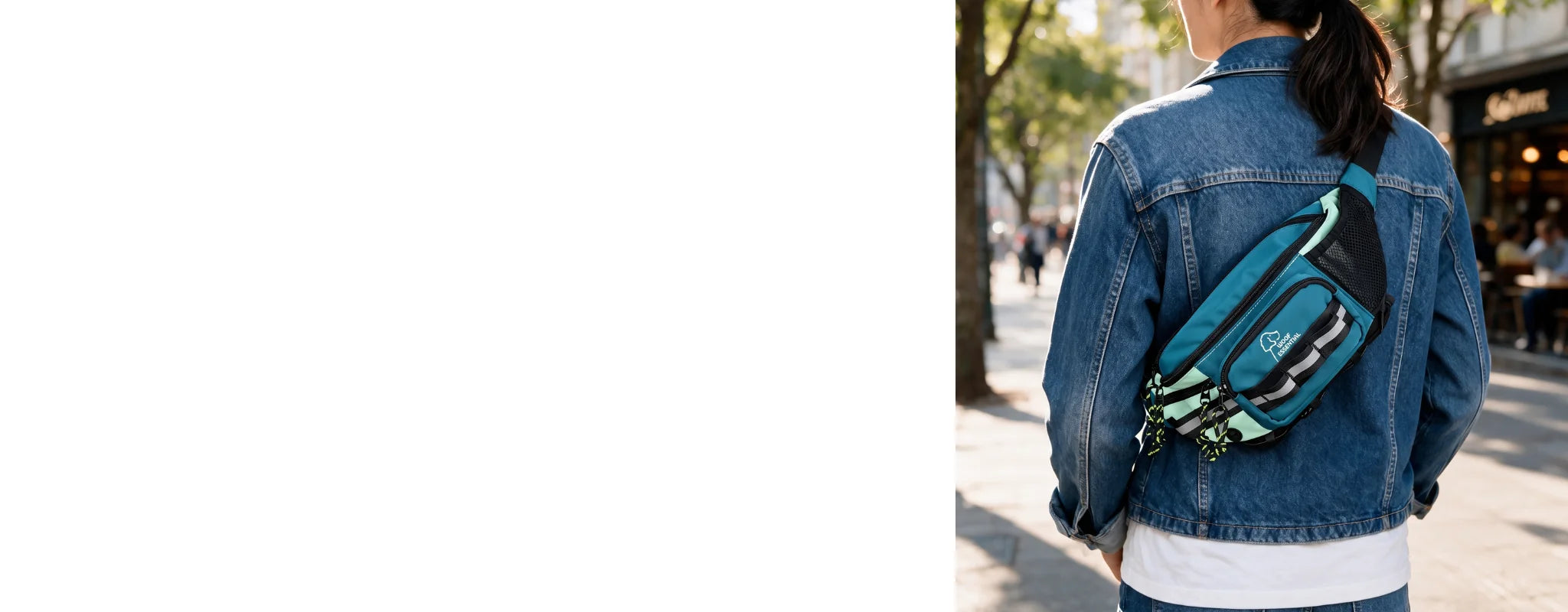 Teal crossbody fanny pack worn as everyday carry on a sunny city street