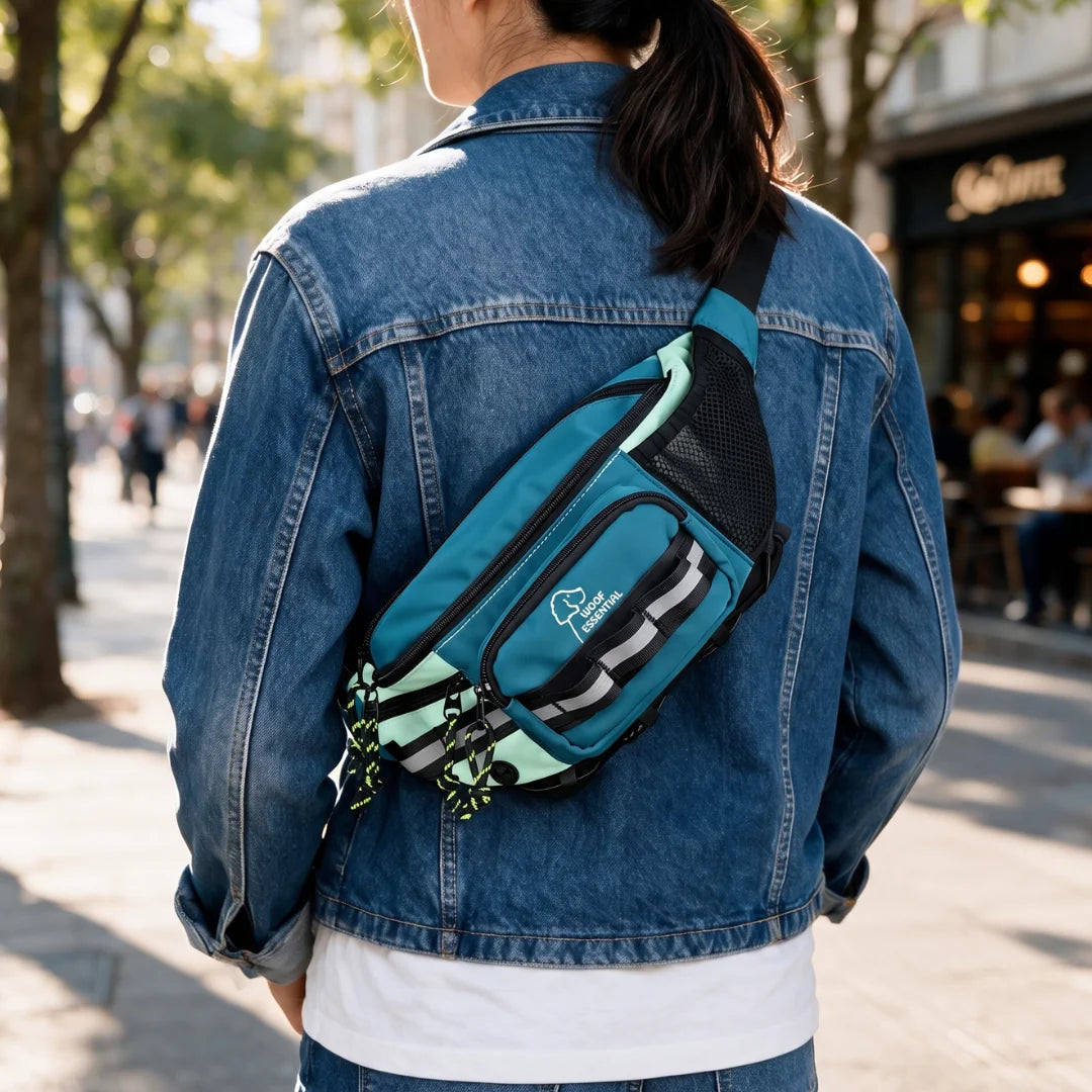 Teal crossbody fanny pack worn as everyday carry on a sunny city street
