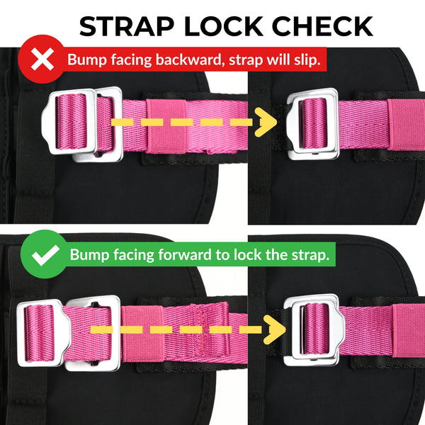 Strap lock check: the buckle bump faces forward to lock the leash strap