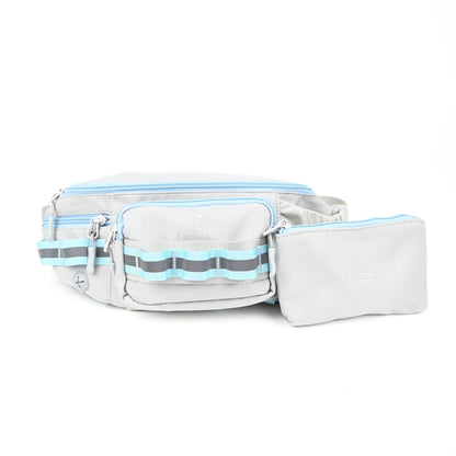 Grey dog walking bag shown with its removable treat pouch