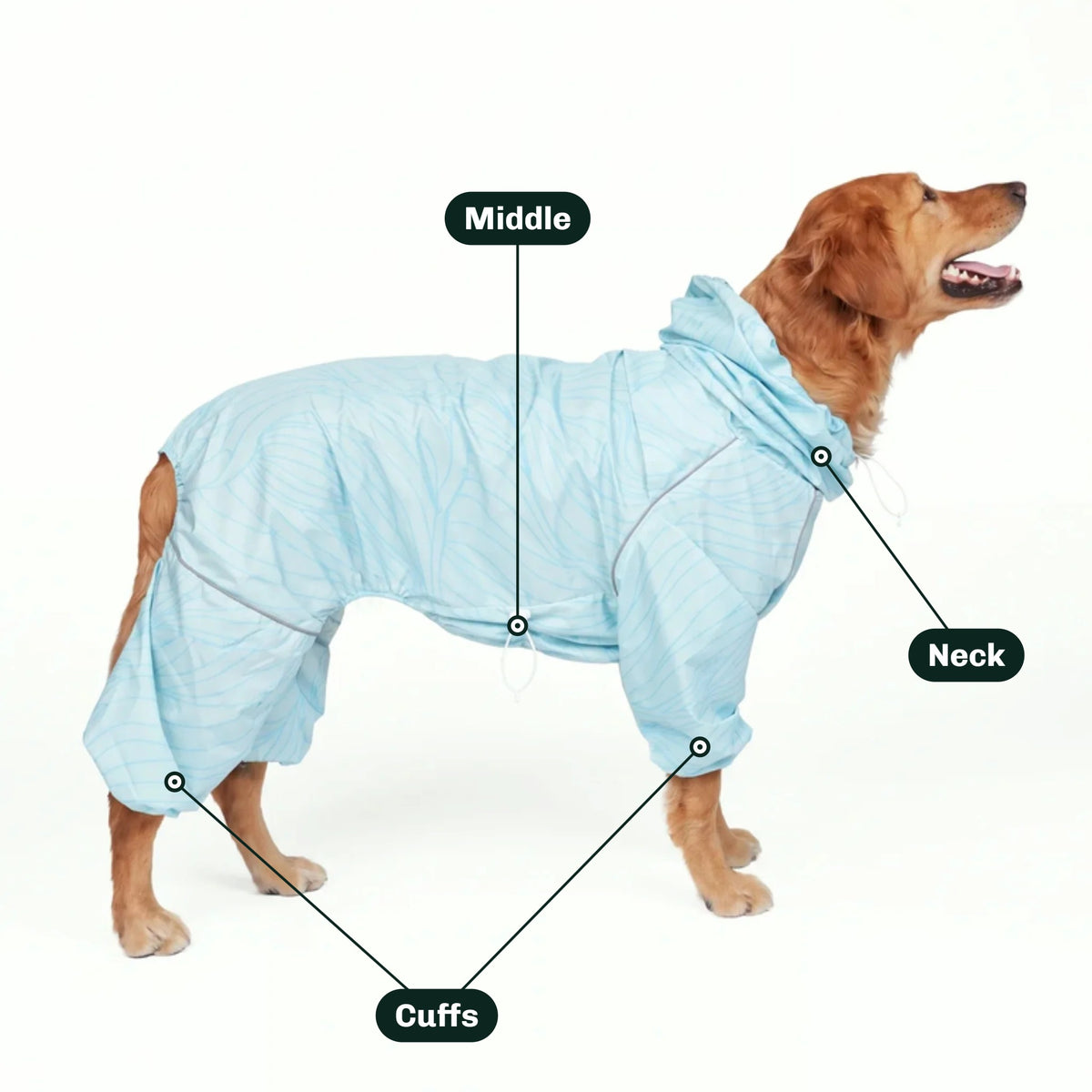 Where to adjust the Puddle Jumper: drawcords at the neck and middle, and elastic cuffs 