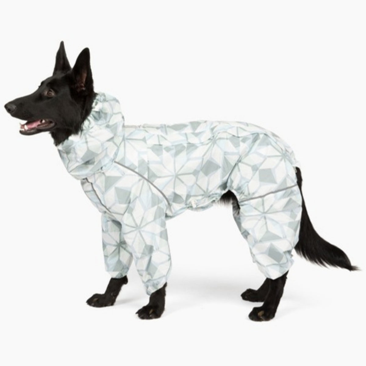 The dog Puddle Jumper raincoat in Overcast, side view 