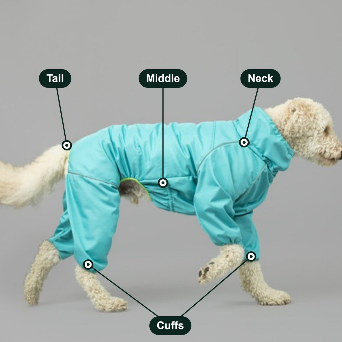 Where to adjust the Snow Warrior: drawcords at the neck, middle and tail, and elastic cuffs 