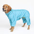 Golden retriever wearing the Snow Warrior dog snowsuit in Oasis blue, side view 