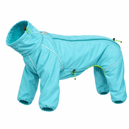 Snow Warrior dog snowsuit in Oasis blue, shown on its own with all four legs and the neck 