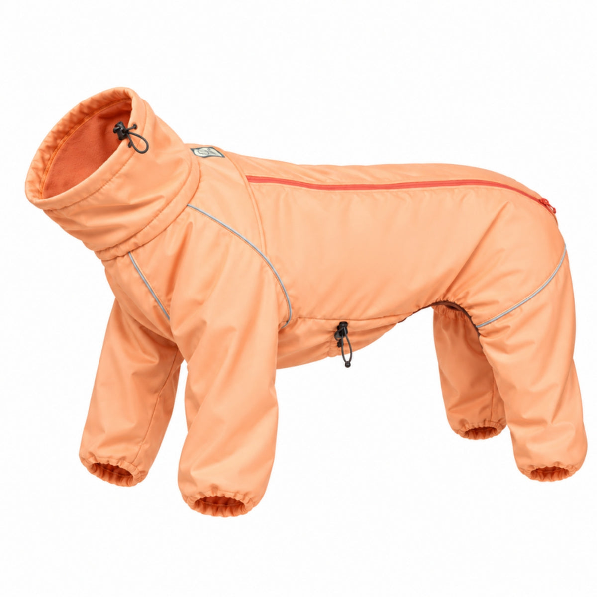 Snow Warrior dog snowsuit in Sunset orange, shown on its own with all four legs and the neck 
