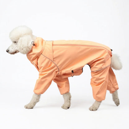 Standard poodle walking in the Snow Warrior dog snowsuit in Sunset orange, side view 