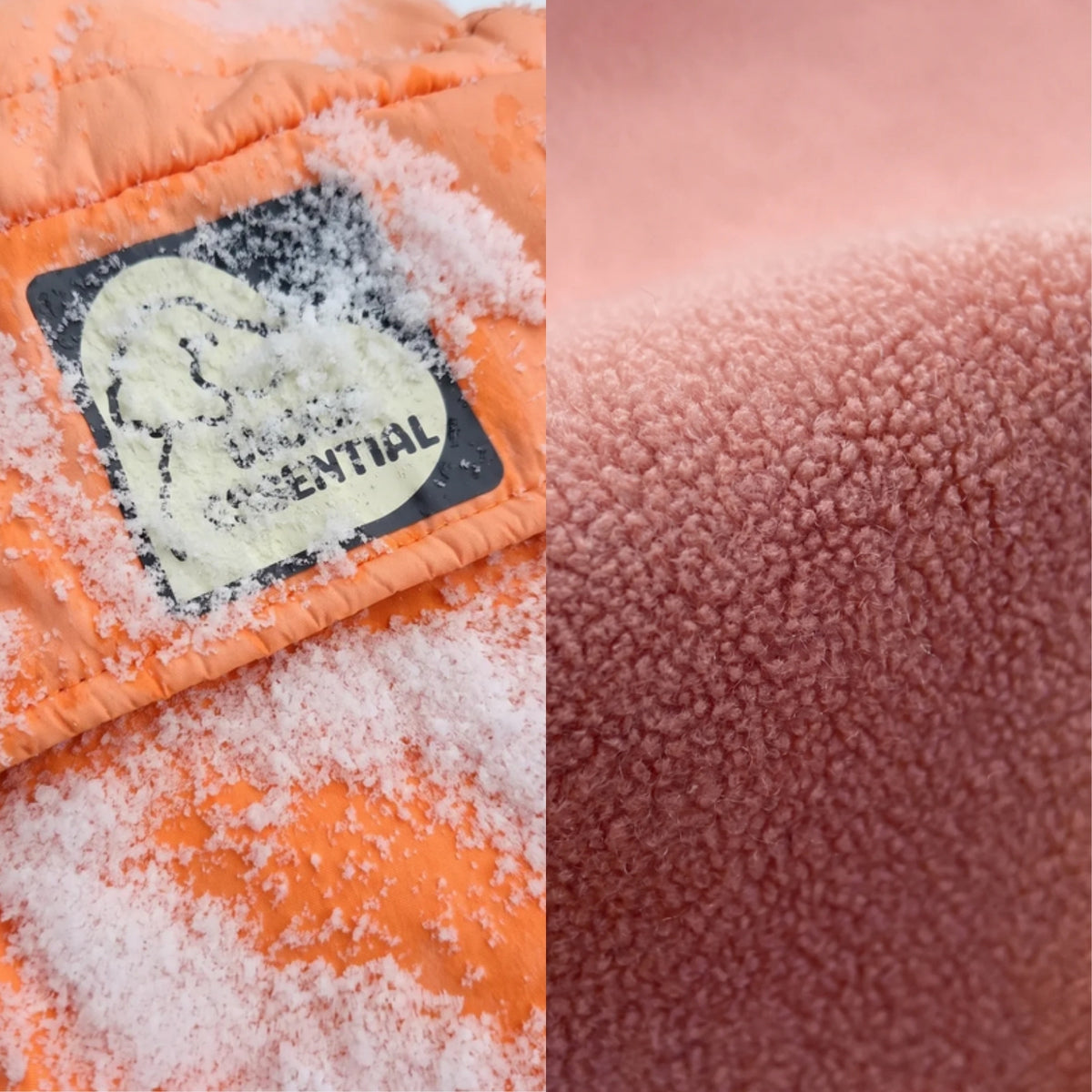 Snow on the waterproof outer shell of the Snow Warrior next to its soft fleece lining