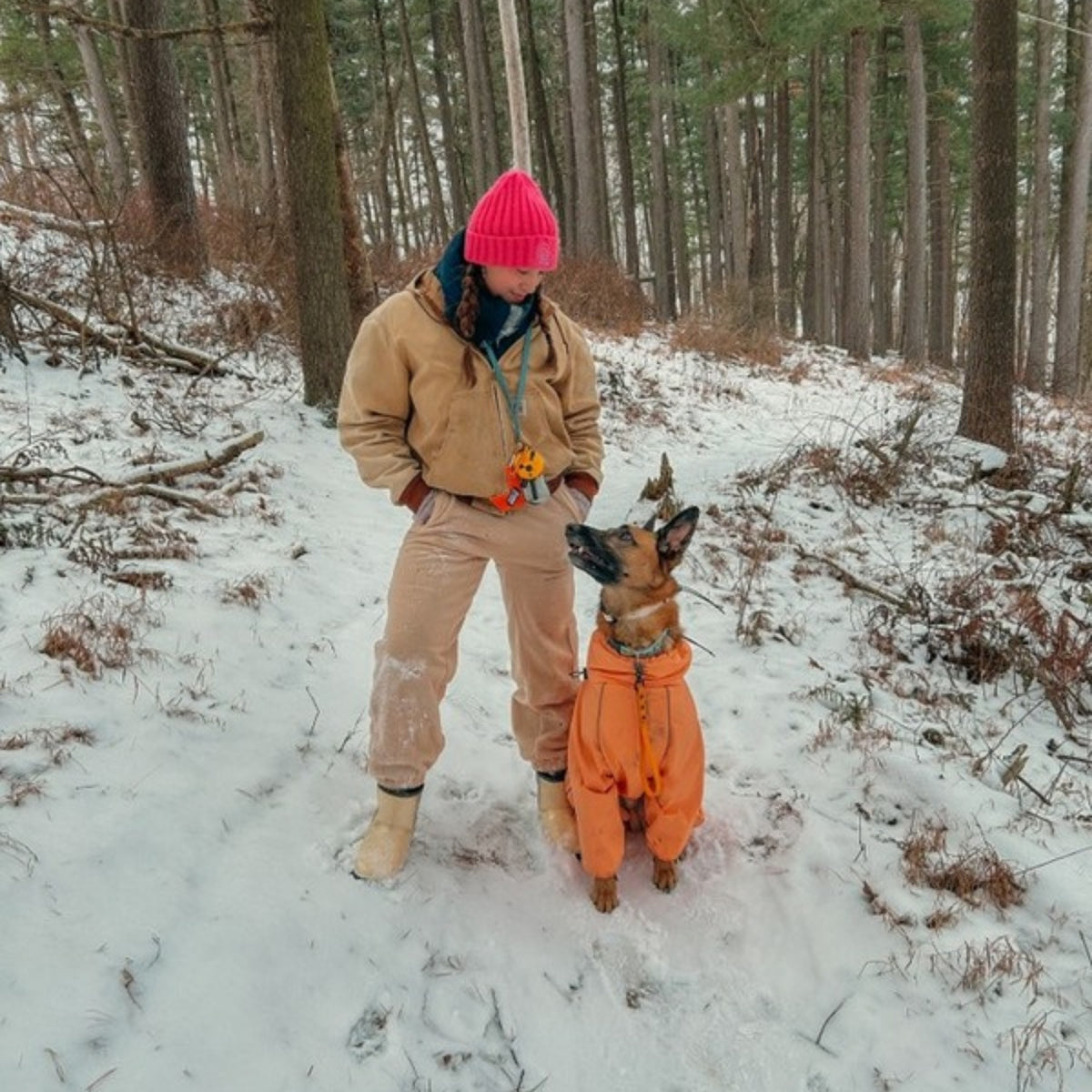 Owner in a pink beanie with her German shepherd in the Sunset snowsuit on a snowy forest trail