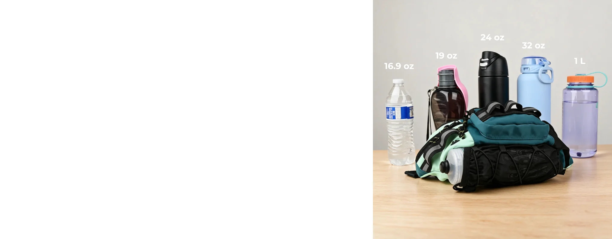 Dog walking bag bottom bottle holder shown with compatible water bottle sizes up to 32 oz