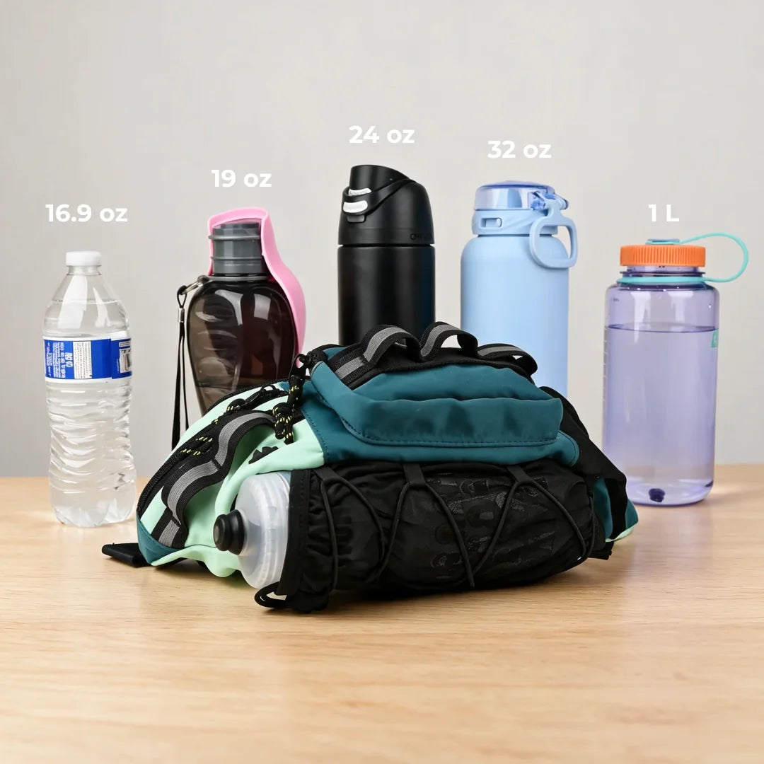 Dog walking bag bottom bottle holder shown with compatible water bottle sizes up to 32 oz