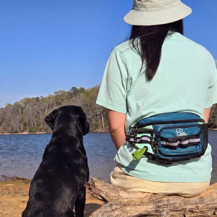 A woman sitting by a lake in a teal dog walking hip pack, poop bag dispenser clipped to the belt, her black Labrador beside her